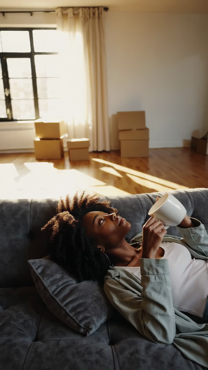 Woman relaxing with a mug on a couch in her new apartment