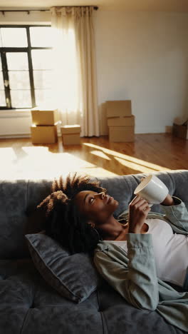 woman relaxing with a mug on a couch in her new apartment