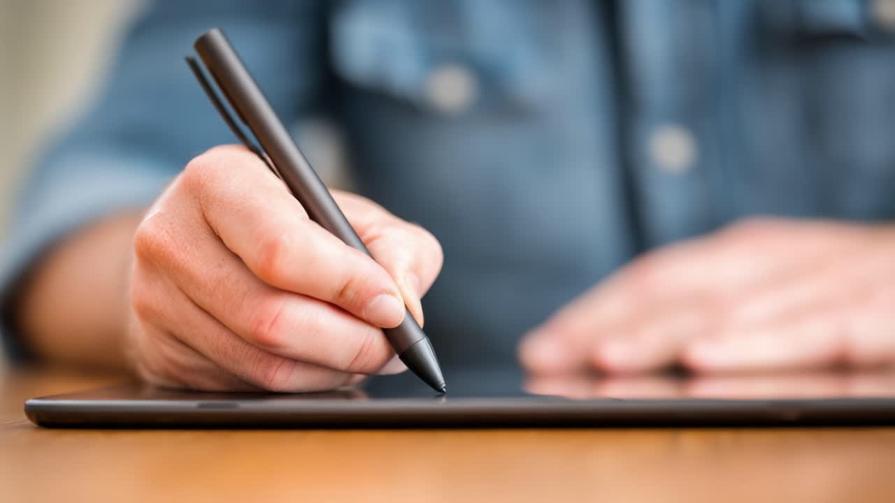 A Close-Up View of a Person's Hand Skillfully Using a Stylus on a Tablet Screen, Engaging in Digital Art or Note-taking with Precision and Style