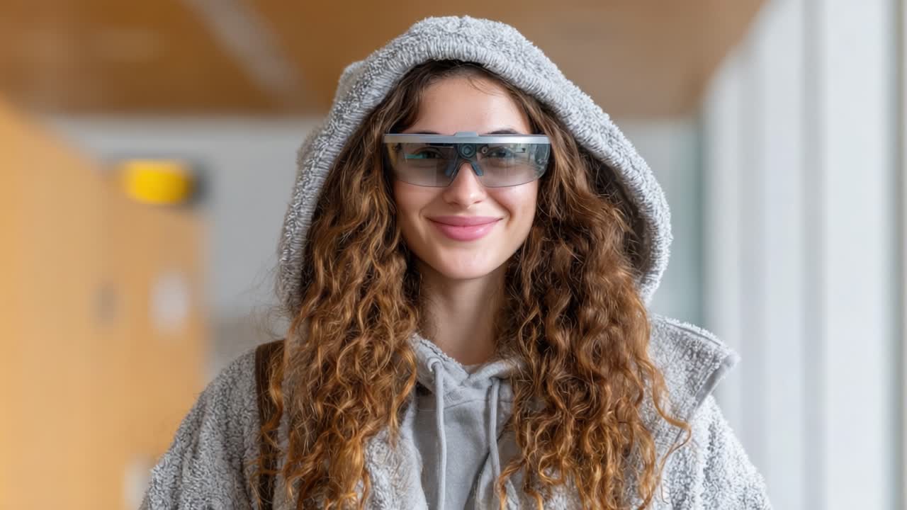 A Confident Young Woman with Curly Hair and Stylish Eyewear Showcasing a Modern Look, Radiating Positivity and Individuality in a Contemporary Environment