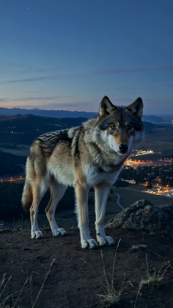 Video vertical: Lobo gris de pie vigilando en la cima de una colina, crepúsculo profundizándose con las luces del pueblo