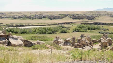 rock eroded into hoodoos and river in writing on stone park, alberta