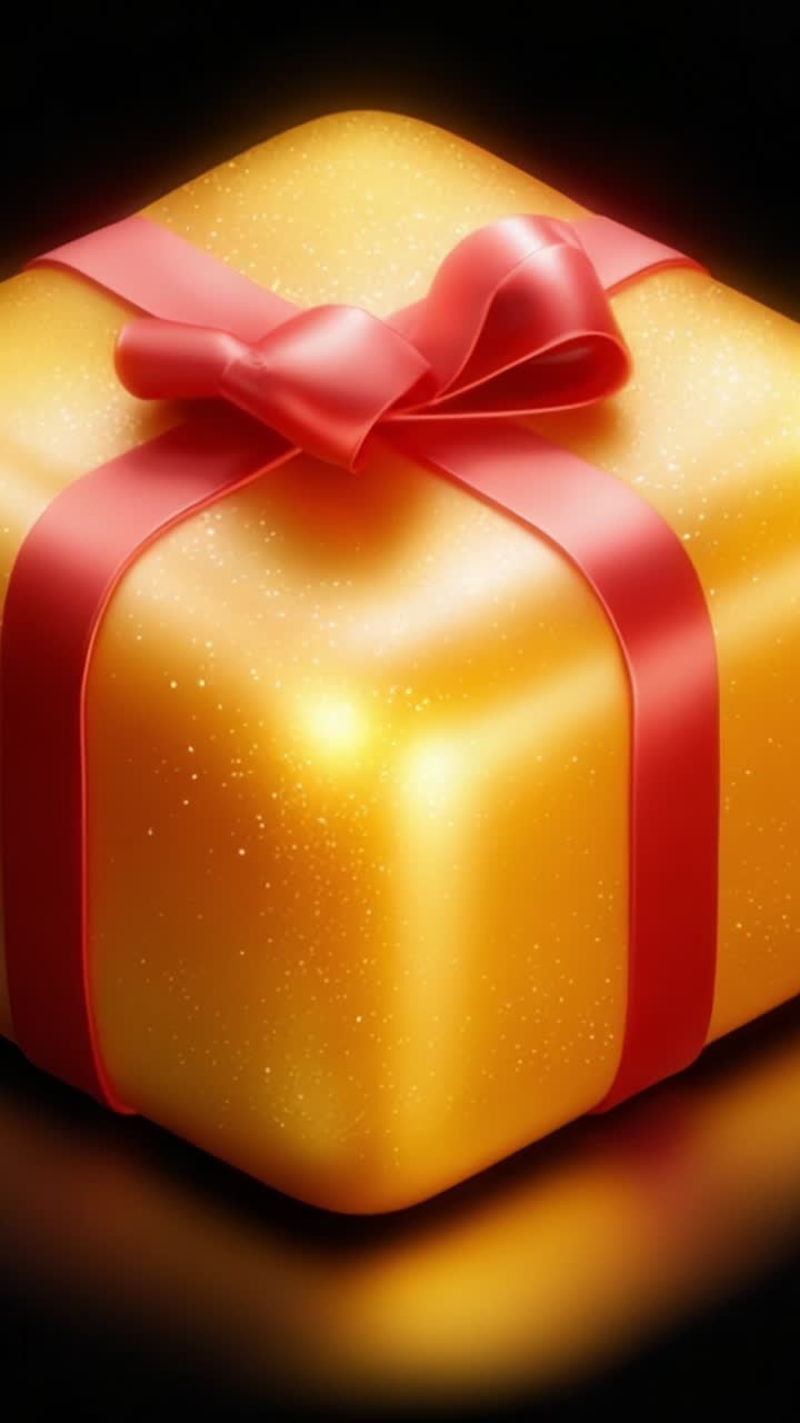 Scatola regalo dorata lucida con nastro rosso che risplende intensamente su uno sfondo scuro, perfetta per presentare regali durante le festività o le celebrazioni.