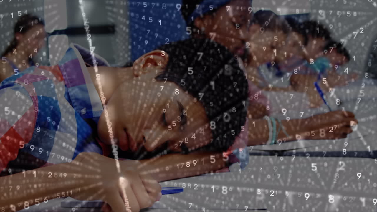 animación de la red de conexiones y números que cambian sobre un escolar durmiendo en clase