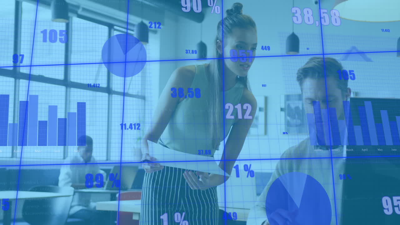 여러 그래프의 애니메이션과 다양한 동료들이 보고서를 논의하는 동안 숫자를 변경합니다.