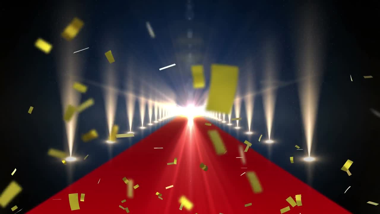 animación de confeti de oro cayendo sobre el lugar de la alfombra roja con reflectores