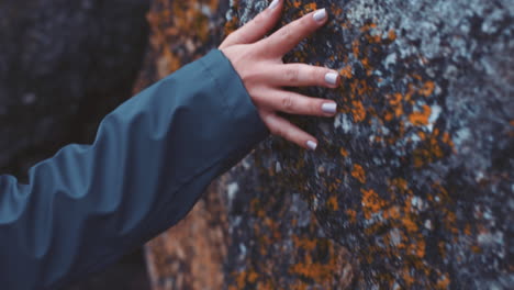manos, roca y naturaleza con la mano de una mujer