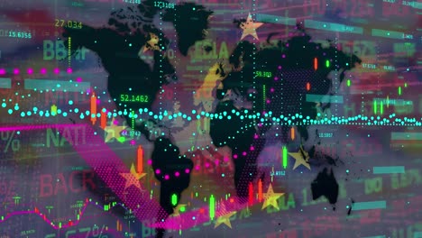 Animación-De-Un-Gráfico-En-Movimiento-Con-Mapa-Y-Bandera-Nacional-Europea-Contra-El-Teletipo-Del-Mercado-De-Valores