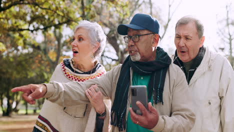 phone, group and elderly friends in the park
