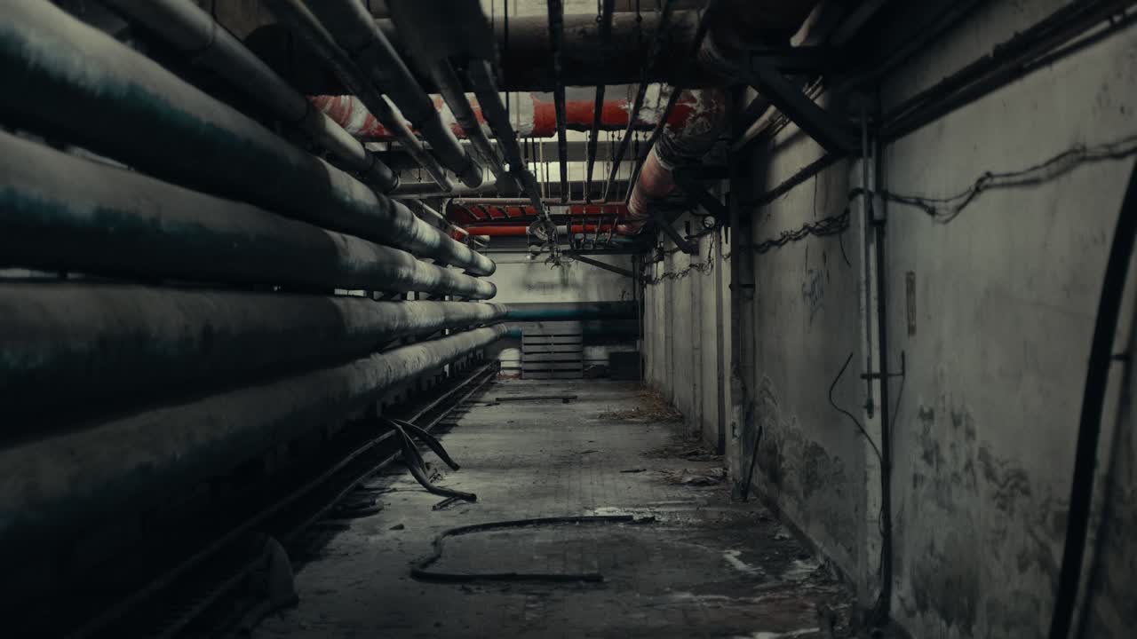 Eerie Abandoned Industrial Corridor with Overhead Pipes