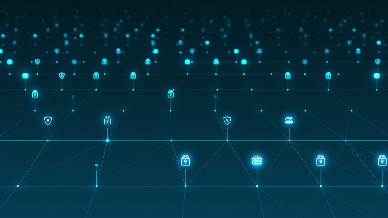 Motion graphic of Blue futuristic security icon and line linked network connection technology abstract background concept camera zoom seamless loop video