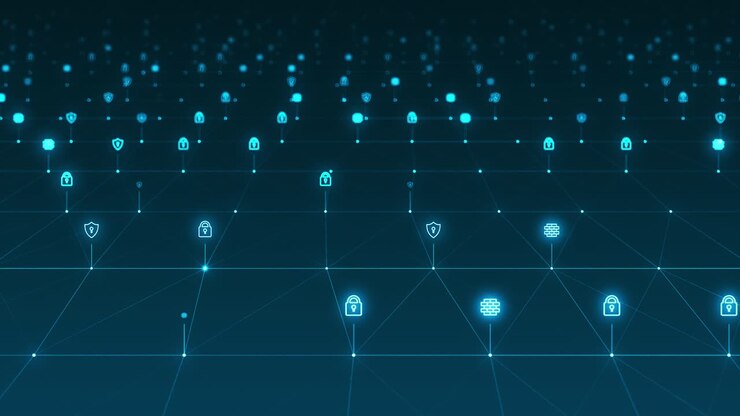 Motion graphic of Blue futuristic security icon and line linked network connection technology abstract background concept camera zoom seamless loop video