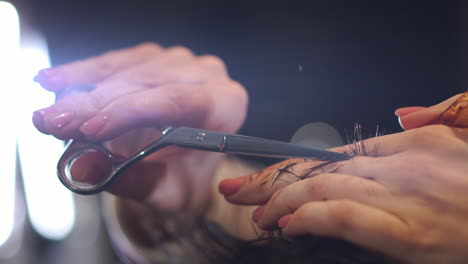 close up of men's hair cutting scissors in a beauty salon. frame. close up of a haircut at a hair saloon. professional barber styling hair of his client