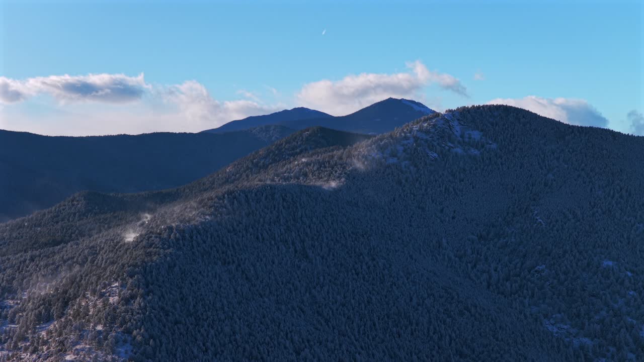 Winter snowy Elk Meadows Bergen Peak Evergreen Colorado aerial drone windy sunny blue sky Front Range Rocky Mountains Witter Gulch Troutdale Village Upper Bear Creek Road Chief Mountain circle left mo