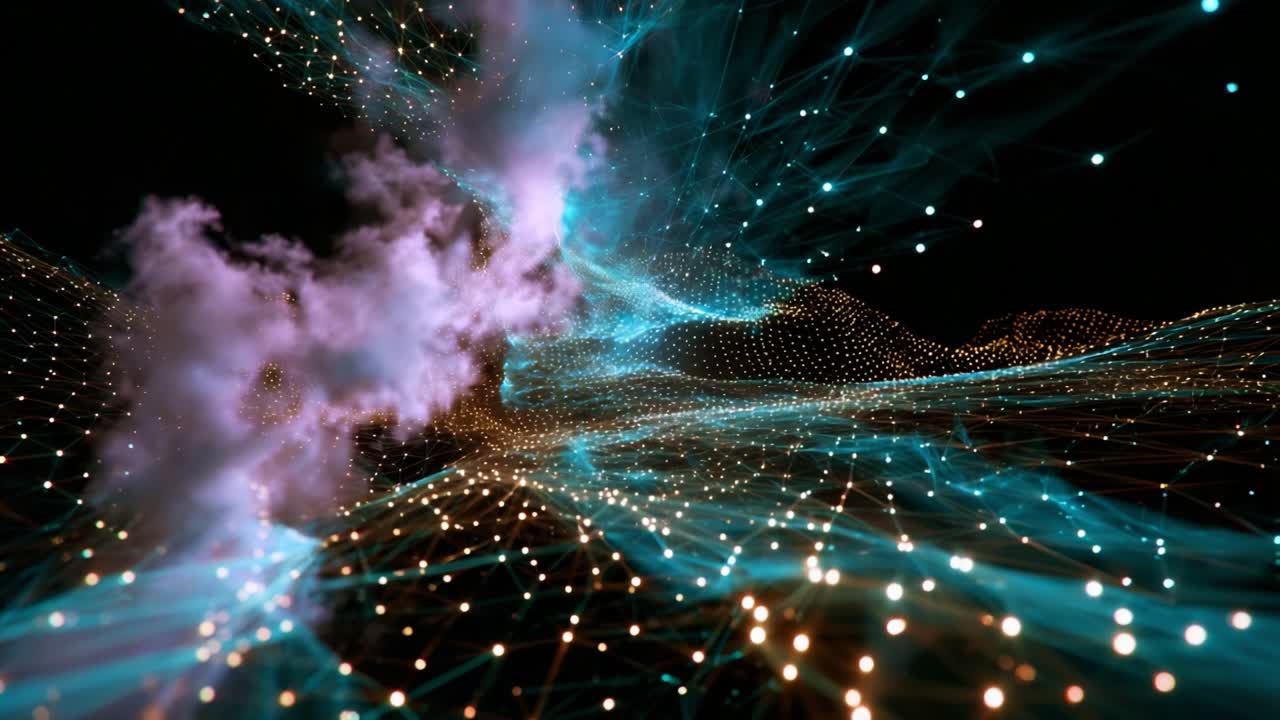 A Stunning Visualization of Abstract Digital Landscapes Filled with Particles and Light, Capturing a Dynamic Flow of Colorful Patterns and Ethereal Cloud Effects in an Expansive Spatial Environment