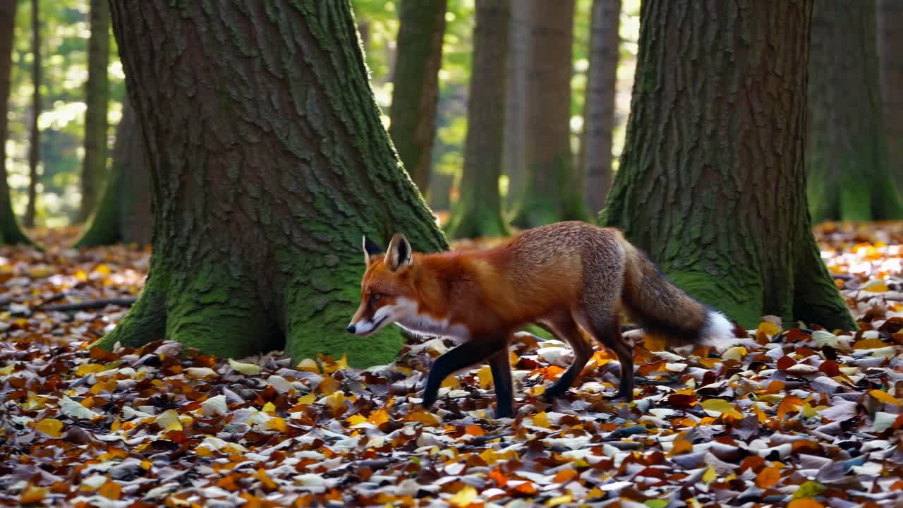 A low-angle video captures a fox walking through a sunlit forest, surrounded by fallen autumn