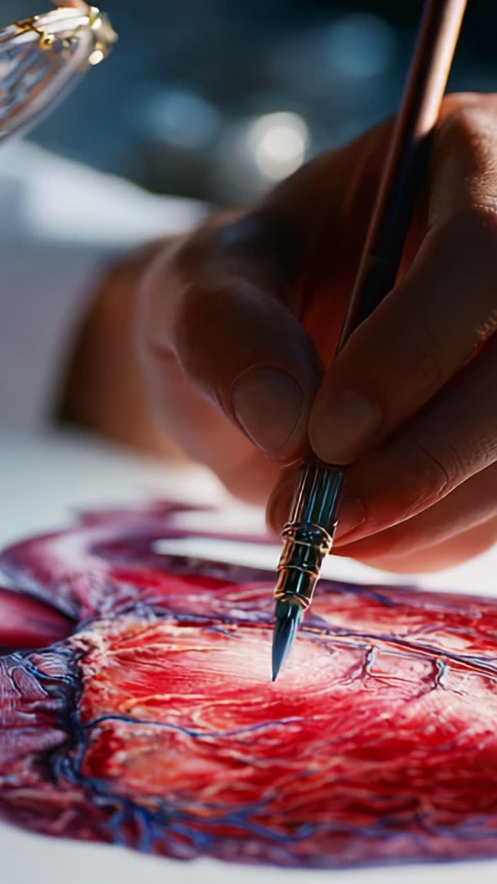 An artist meticulously details a vibrant anatomical drawing, showcasing creativity and skill in the depiction of human anatomy through precise brushwork and rich colors