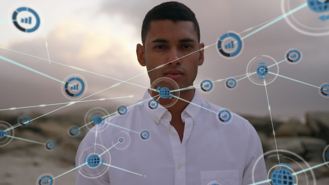 animación de la red de conexiones sobre el hombre en la playa