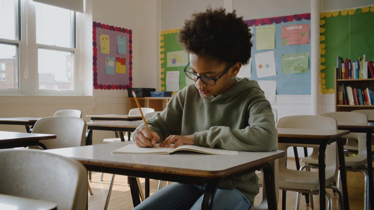 Pencil poised, writing student in green hoodie completing work at school desk using open notebook