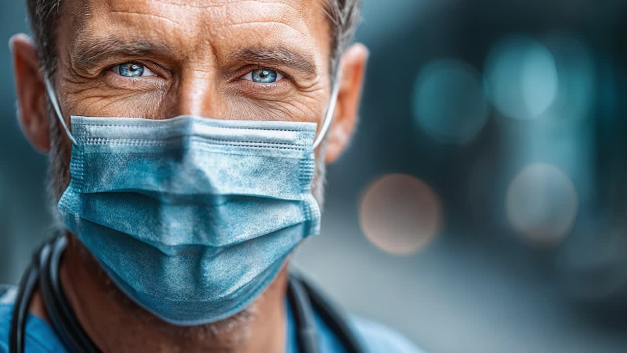Primo piano di un operatore sanitario che indossa una mascherina chirurgica, che cattura l'impegno e la compassione della professione medica di fronte alle sfide