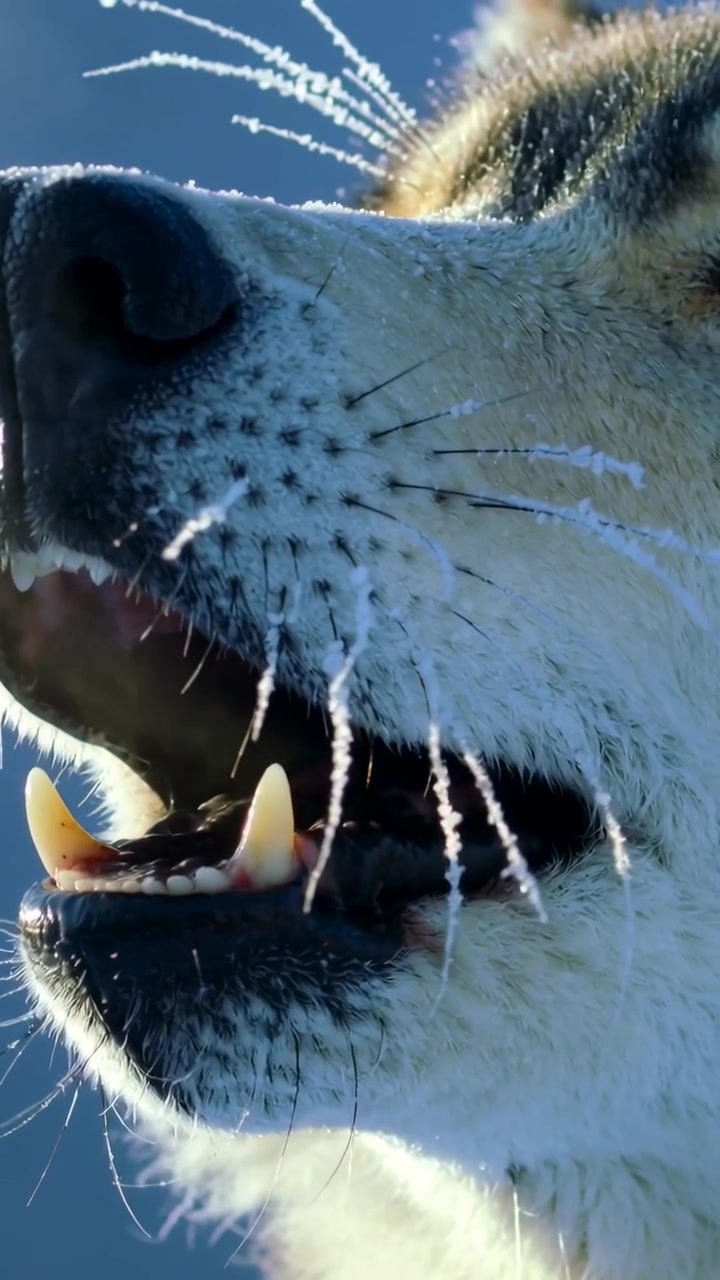 Video verticale: Muso di husky che respira e reagisce al freddo, la mascella si muove sotto il cielo blu, con baffi ghiacciati.
