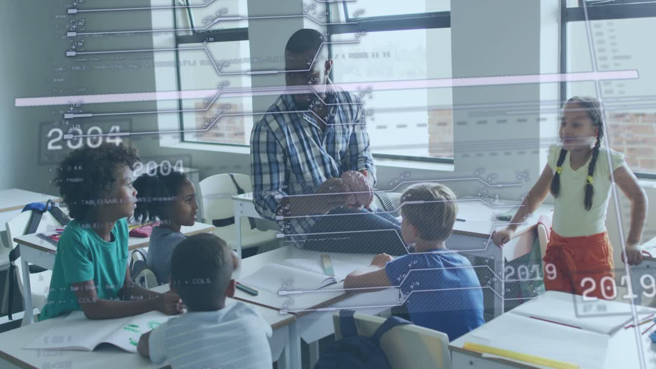 Man teacher speaking and gesturing teaching kids shifting focus while education timeline drifting