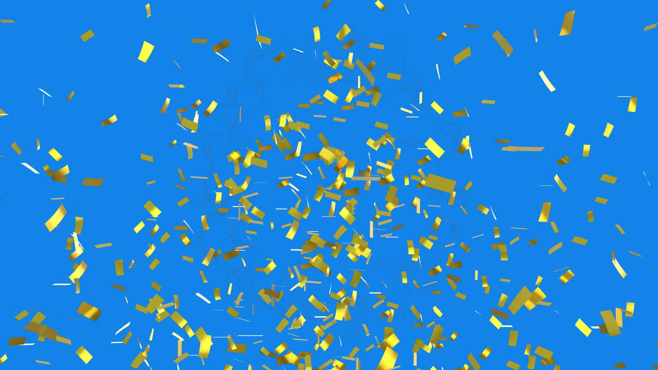 Animazione digitale di coriandoli dorati che cadono su forme geometriche astratte su sfondo blu