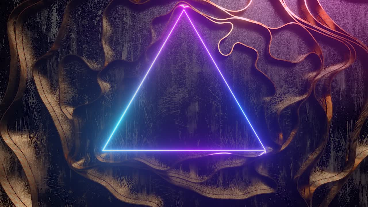 el fondo de neón abstracto. el triángulo de neón brillante interactúa con rayas dinámicas. la iluminación moderna de neón ultravioleta. el espectro rosa azul.