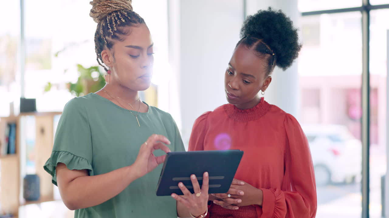 Tablet, hands and women partnership for planning