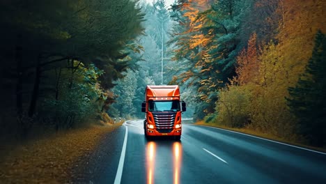 orange truck driving through an autumn forest