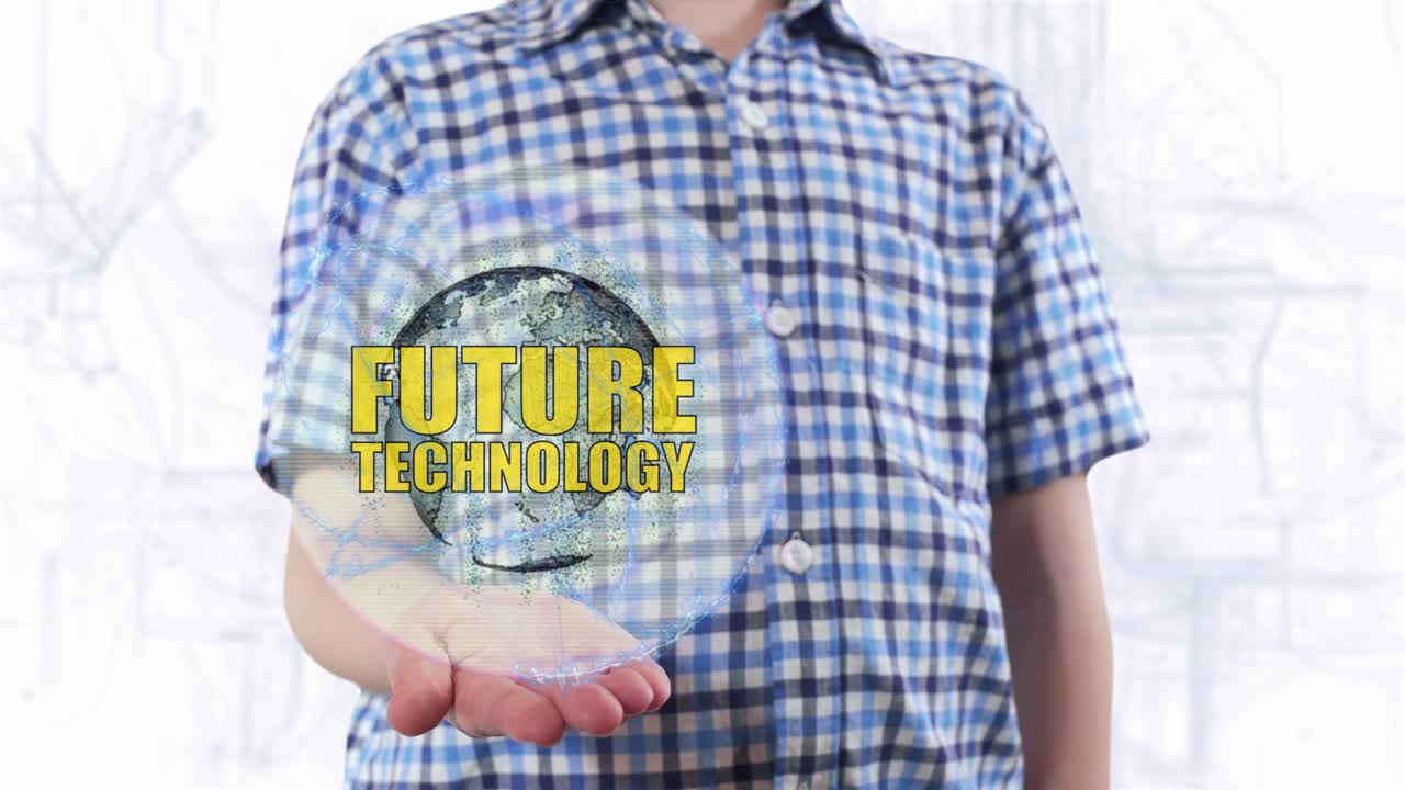 Young man shows a hologram of the planet Earth and text Future technology