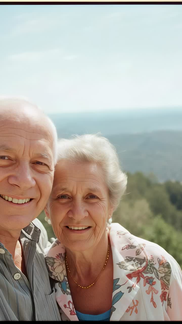 Vertical video: Holding phone seniors leaning posing for selfie at view for memories in stripes