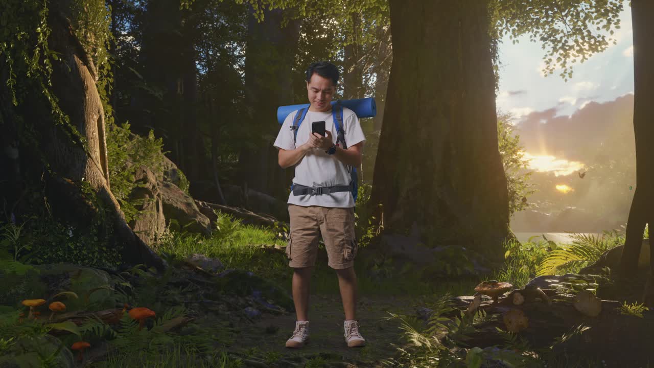 hombre usando un teléfono inteligente en un bosque al atardecer