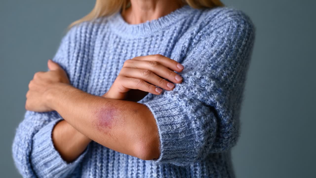 Detailní pohled na paži s modřinou a zkřížené paže v útulném svetru, zdůrazňující známky zranění a odolnosti v jemném, klidném prostředí
