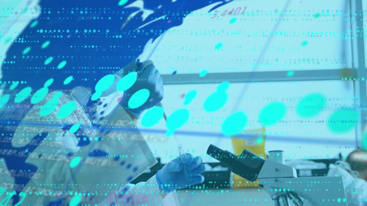 Animation of data processing and world map over caucasian male scientist in lab