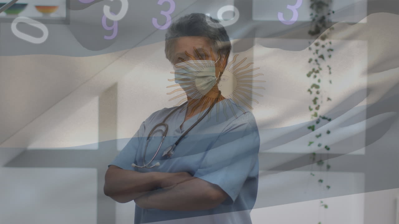 Animation of numbers and argentina flag over biracial senior female doctor in face mask
