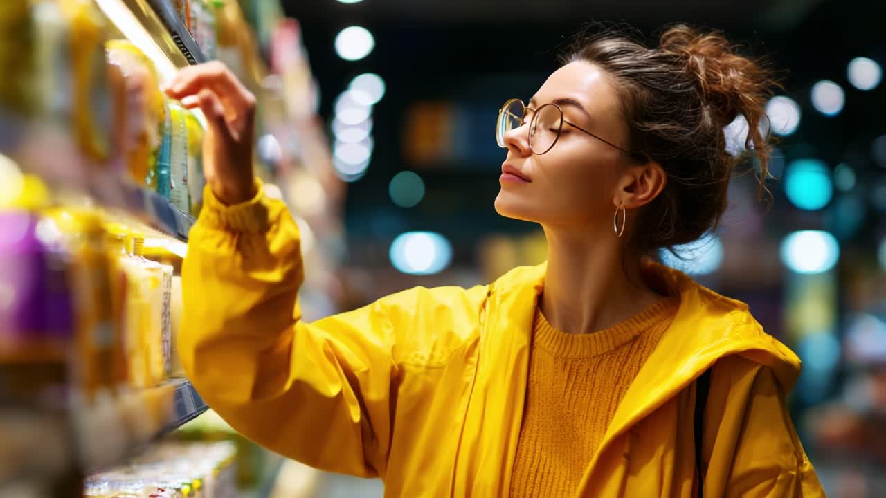 A Thoughtful Shopper Exploring Shelves – A Young Woman in a Yellow Jacket Examining Products in a Store, Demonstrating Curiosity and Engagement with Her Surroundings