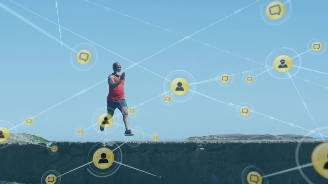 animación de la red de conexiones sobre un hombre afroamericano mayor corriendo en la playa
