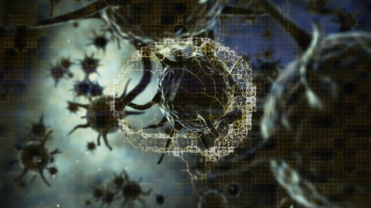 animación del cerebro humano girando sobre las células de covid 19 flotando