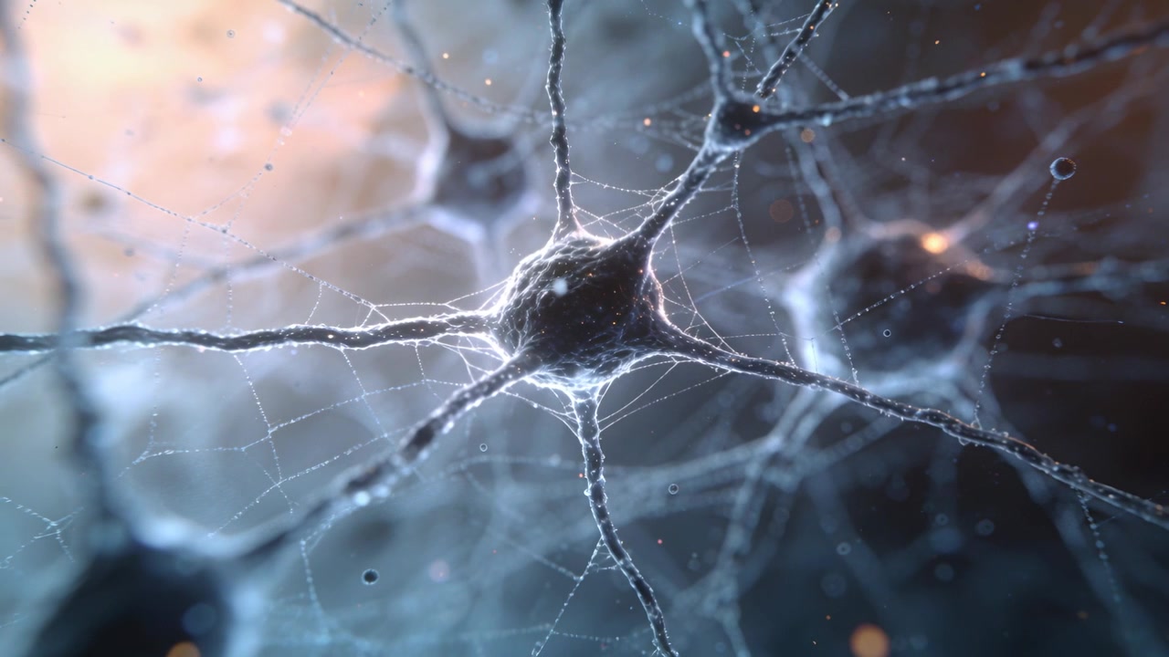 Moving camera revealing single neuron soma and neurites in neural tissue, showing connection glow