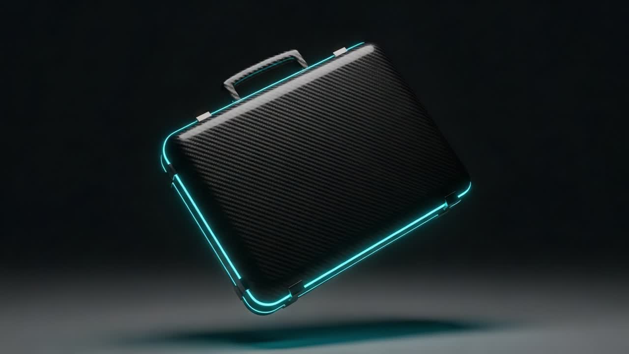 Sleek Black Briefcase with Neon Blue Accents Floating in Midair Against a Dark Background, Showcasing a Modern Design and Textured Finish Ideal for Stylish Professionals