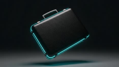sleek black briefcase with neon blue accents floating in midair against a dark background, showcasing a modern design and textured finish ideal for stylish professionals