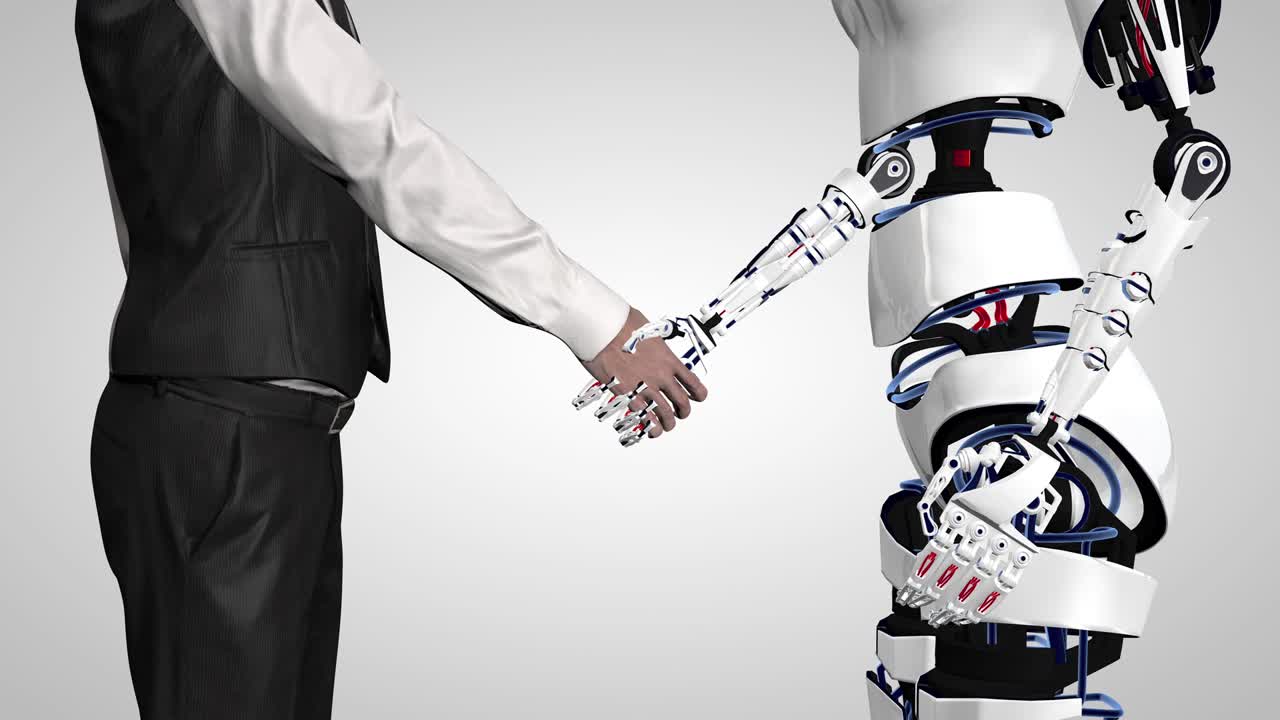 Businessman shaking hands with a robot with artificial intelligence. Handshake with robot arm. Man communicates with a robot. Seamless loop. 3D RENDER.