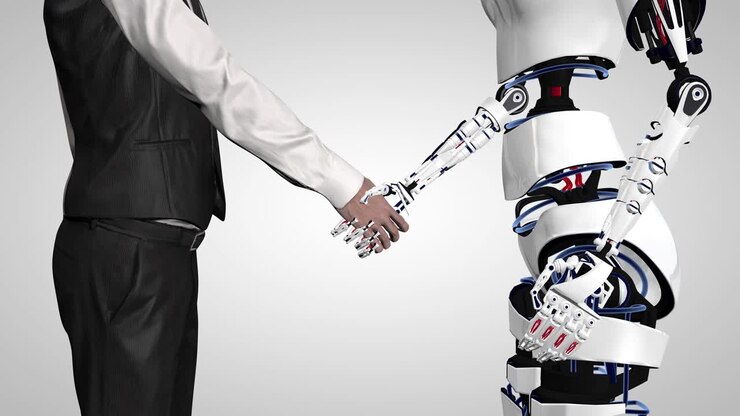 Businessman shaking hands with a robot with artificial intelligence. Handshake with robot arm. Man communicates with a robot. Seamless loop. 3D RENDER.