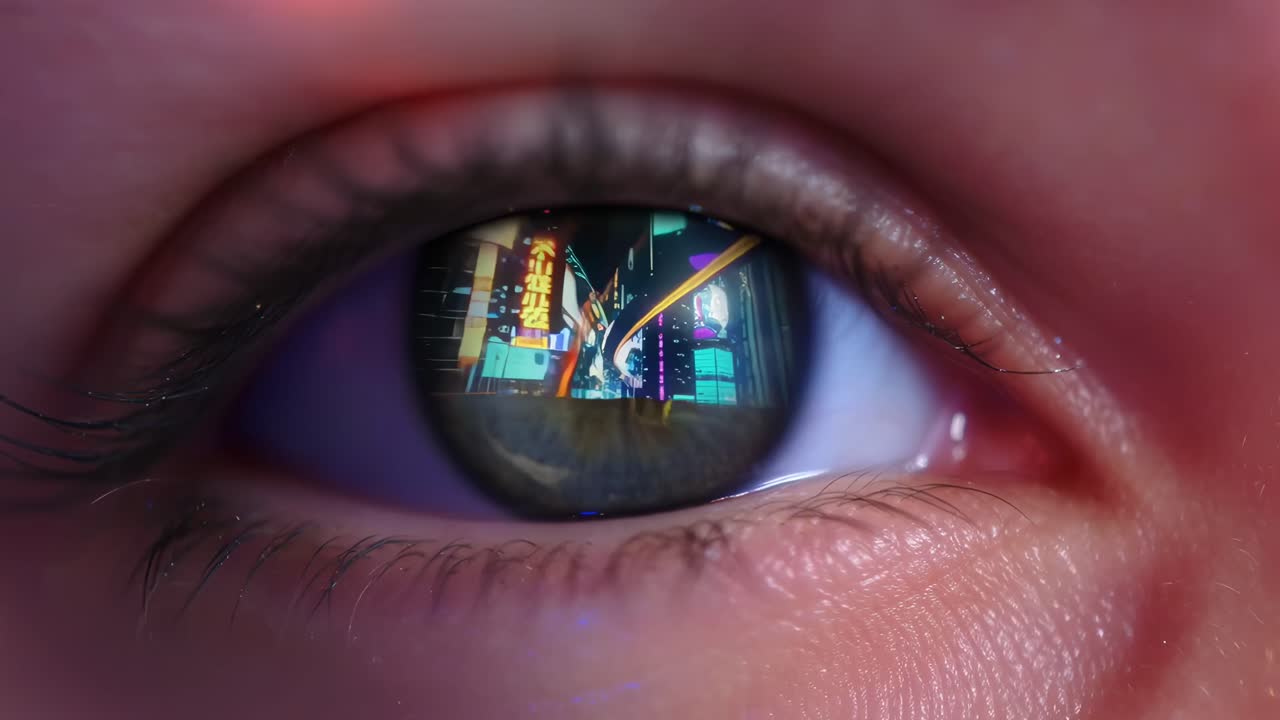 Close-up of an eye reflecting a cityscape video, shot from a macro angle, vibrant and futuristic