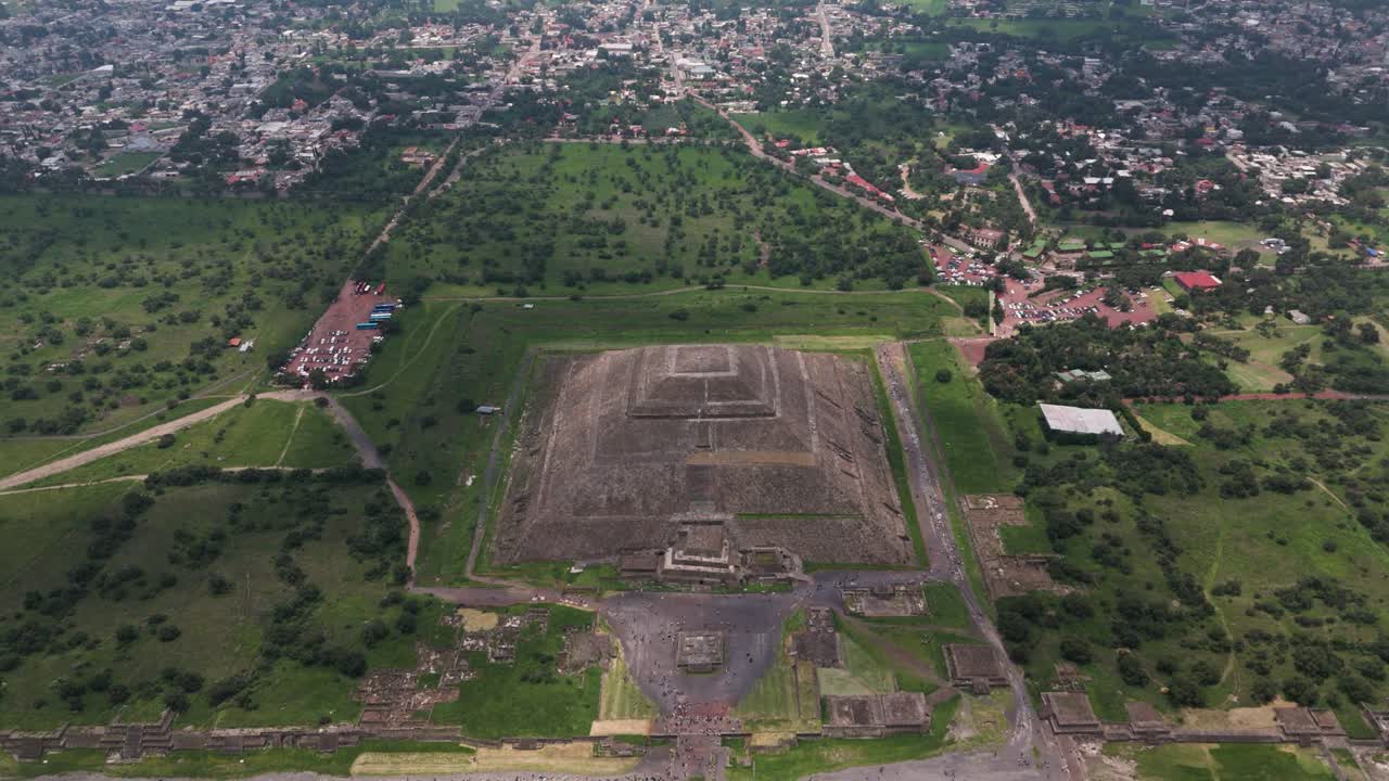 Panoramic aerial shot of the Pyramid of the Sun at Teotihuacan archaeological site