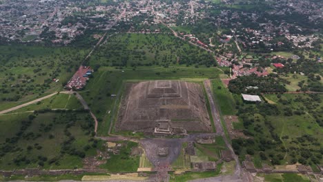 panoramic aerial shot of the pyramid of the sun at teotihuacan archaeological site