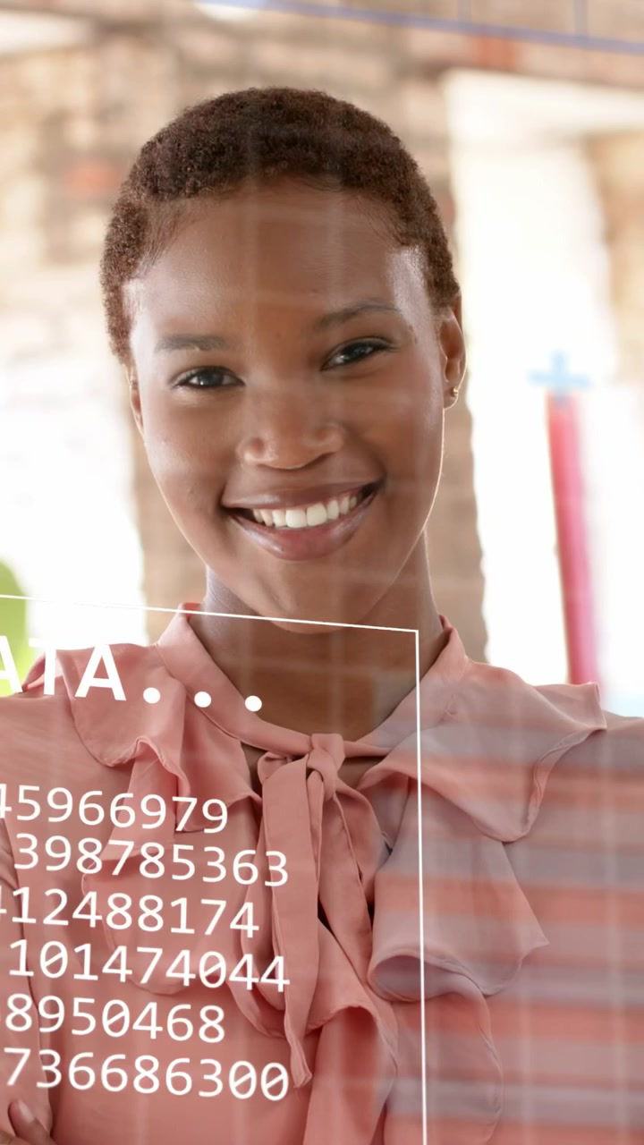 Vertical video: Pointing at glass, team activating blue charts while analyzing data for business