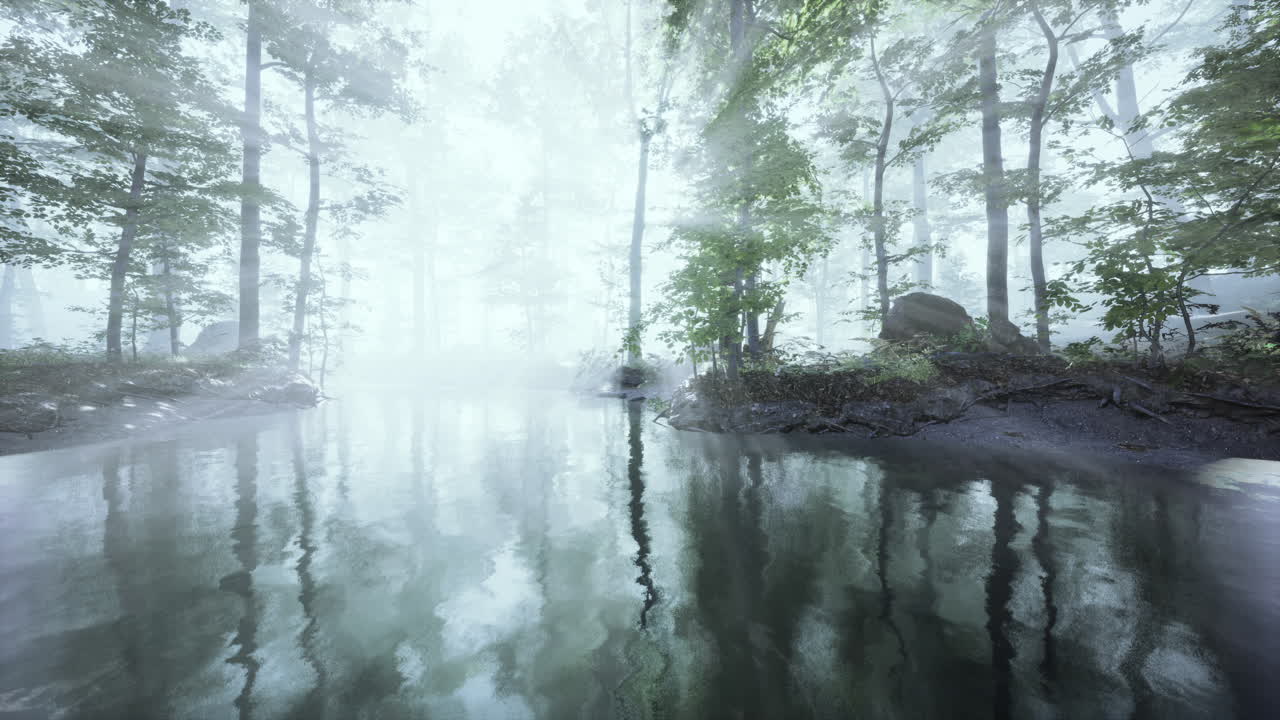 독특한 분위기와 나무 아래의 안개를 가진 연못 습지