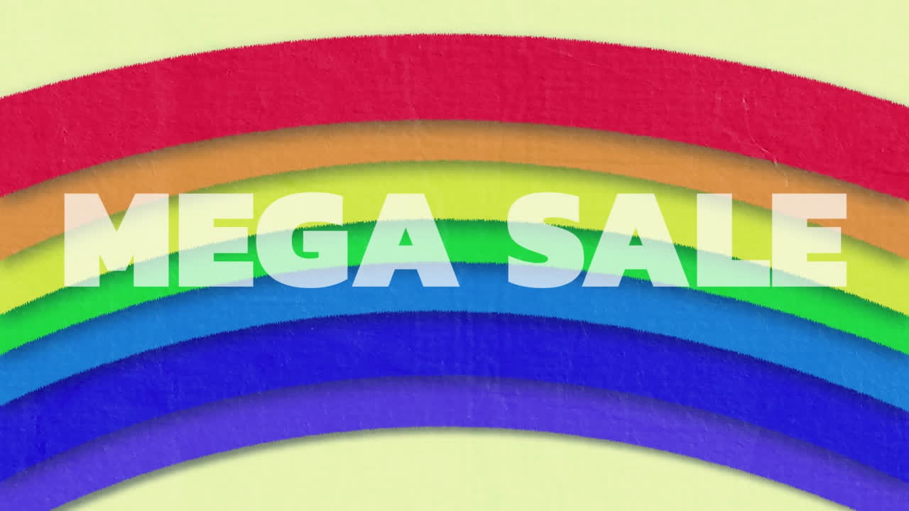 무지개 일러스트레이션 위에 메가 판매 텍스트의 애니메이션